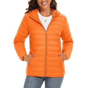 Jaqueta Puffer Feminina Com Capuz Leve Laranja
