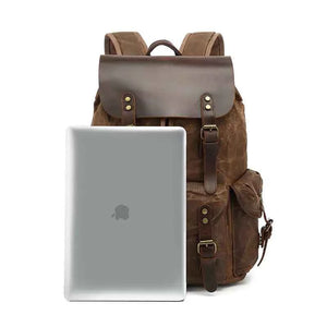 Mochila de Lona Encerada e Couro Legítimo Vintage Impermeável Para Notebook 15.6 Polegadas - Machimelo