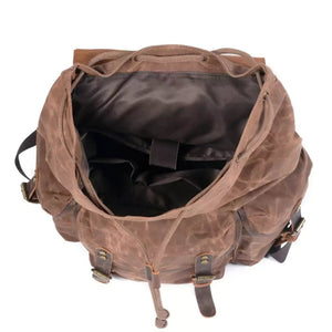 Mochila de Lona Encerada e Couro Legítimo Vintage Impermeável Para Notebook 15.6 Polegadas - Machimelo