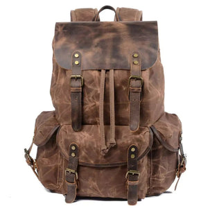 Mochila de Lona Encerada e Couro Legítimo Vintage Impermeável Para Notebook 15.6 Polegadas Marrom - Machimelo
