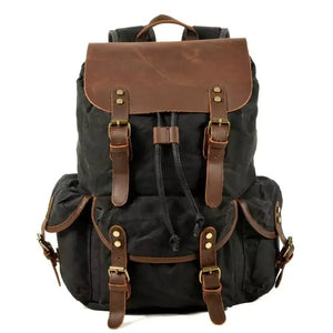 Mochila de Lona Encerada e Couro Legítimo Vintage Impermeável Para Notebook 15.6 Polegadas Preta - Machimelo