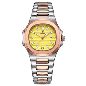 Relógio de Pulso Feminino Nautilus Poedagar Pulseira Prata e Rose Com Mostrador Amarelo