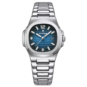 Relógio de Pulso Feminino Poedagar Nautilus Pulseira Prata Com Mostrador Azul Escuro
