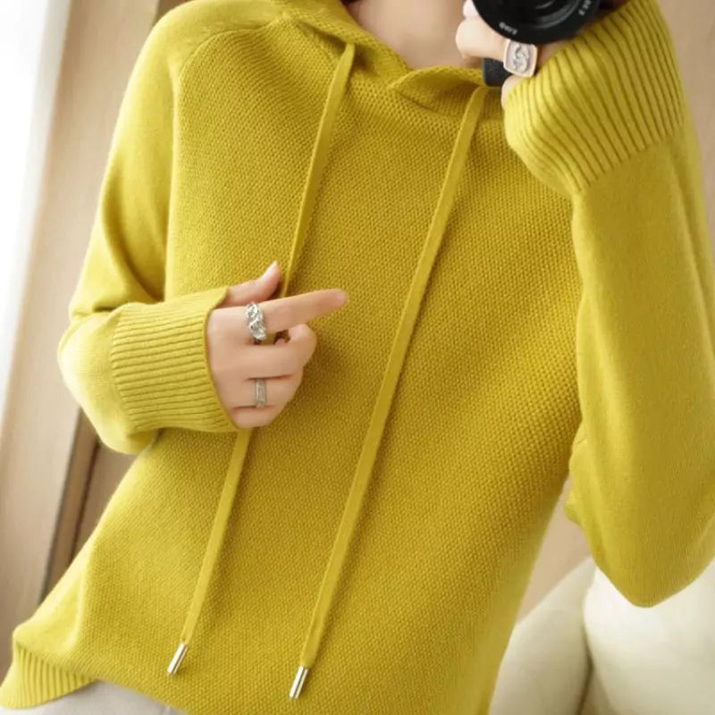 Blusa Feminina Manga Longa Casual Com Capuz Mostarda