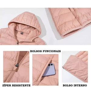 Jaqueta Puffer Feminina Com Capuz Detalhes