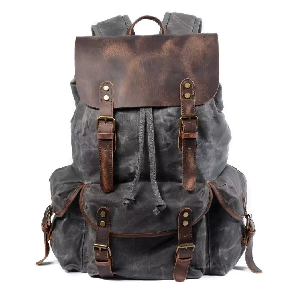 Mochila de Lona Encerada e Couro Legítimo Vintage Impermeável Para Notebook 15.6 Polegadas Cinza - Machimelo