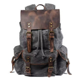 Mochila de Lona Encerada e Couro Legítimo Vintage Impermeável Para Notebook 15.6 Polegadas Cinza - Machimelo