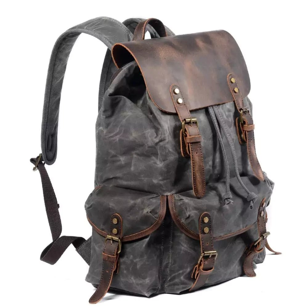 Mochila de Lona Encerada e Couro Legítimo Vintage Impermeável Para Notebook 15.6 Polegadas - Machimelo