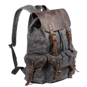 Mochila de Lona Encerada e Couro Legítimo Vintage Impermeável Para Notebook 15.6 Polegadas - Machimelo