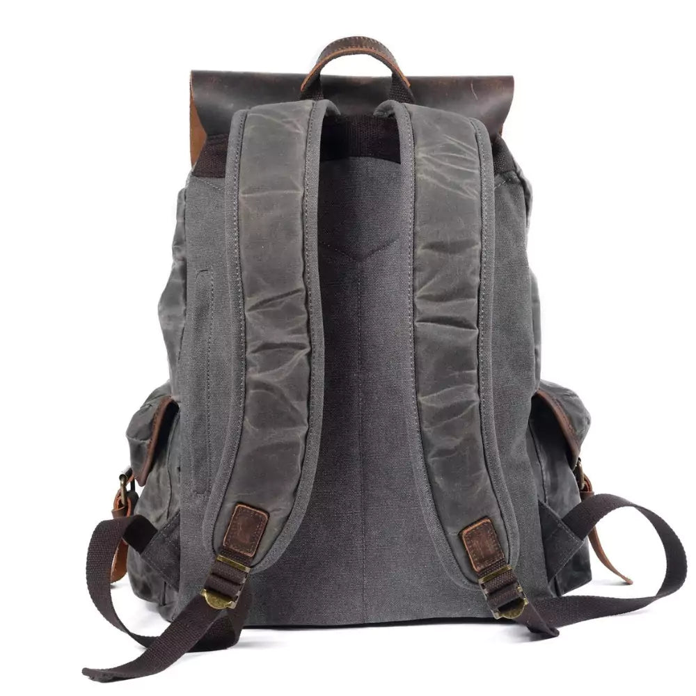 Mochila de Lona Encerada e Couro Legítimo Vintage Impermeável Para Notebook 15.6 Polegadas - Machimelo