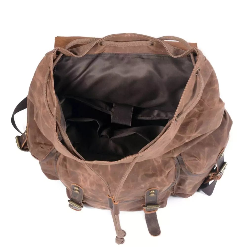 Mochila de Lona Encerada e Couro Legítimo Vintage Impermeável Para Notebook 15.6 Polegadas - Machimelo