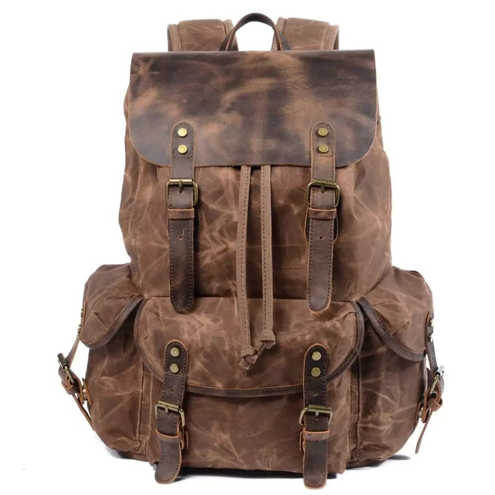 Mochila de Lona Encerada e Couro Legítimo Vintage Impermeável Para Notebook 15.6 Polegadas Marrom - Machimelo