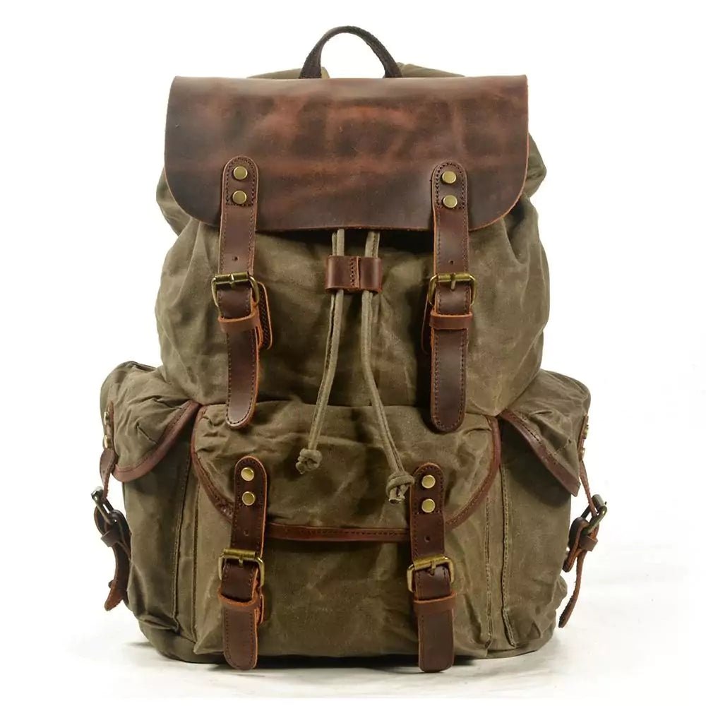 Mochila de Lona Encerada e Couro Legítimo Vintage Impermeável Para Notebook 15.6 Polegadas Verde - Machimelo