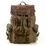 Mochila de Lona Encerada e Couro Legítimo Vintage Impermeável Para Notebook 15.6 Polegadas Verde - Machimelo
