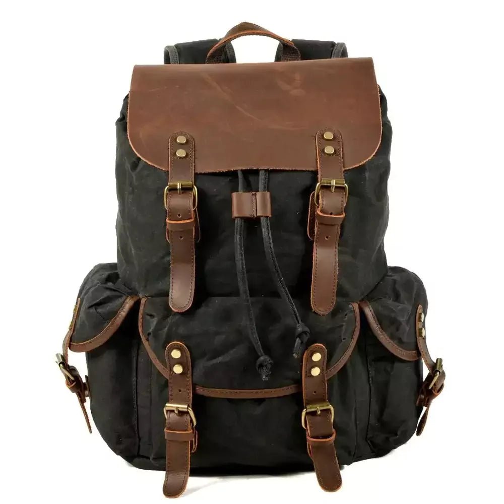 Mochila de Lona Encerada e Couro Legítimo Vintage Impermeável Para Notebook 15.6 Polegadas Preta - Machimelo