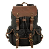 Mochila de Lona Encerada e Couro Legítimo Vintage Impermeável Para Notebook 15.6 Polegadas Preta - Machimelo