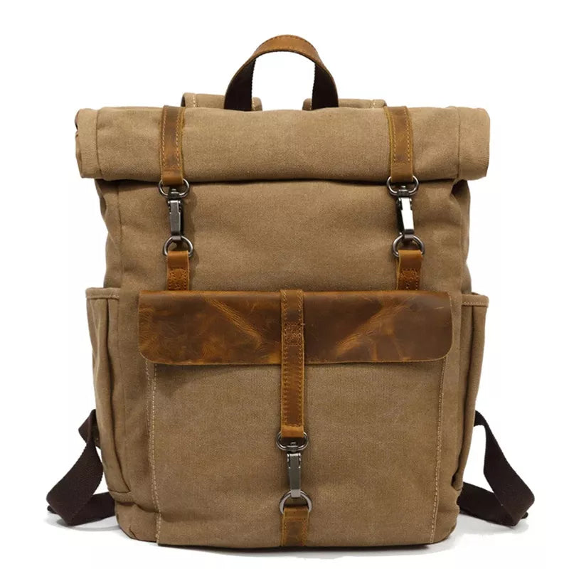 Mochila Para Notebook 15.6 Polegadas Em Lona E Couro Canastra Khaki - Machimelo