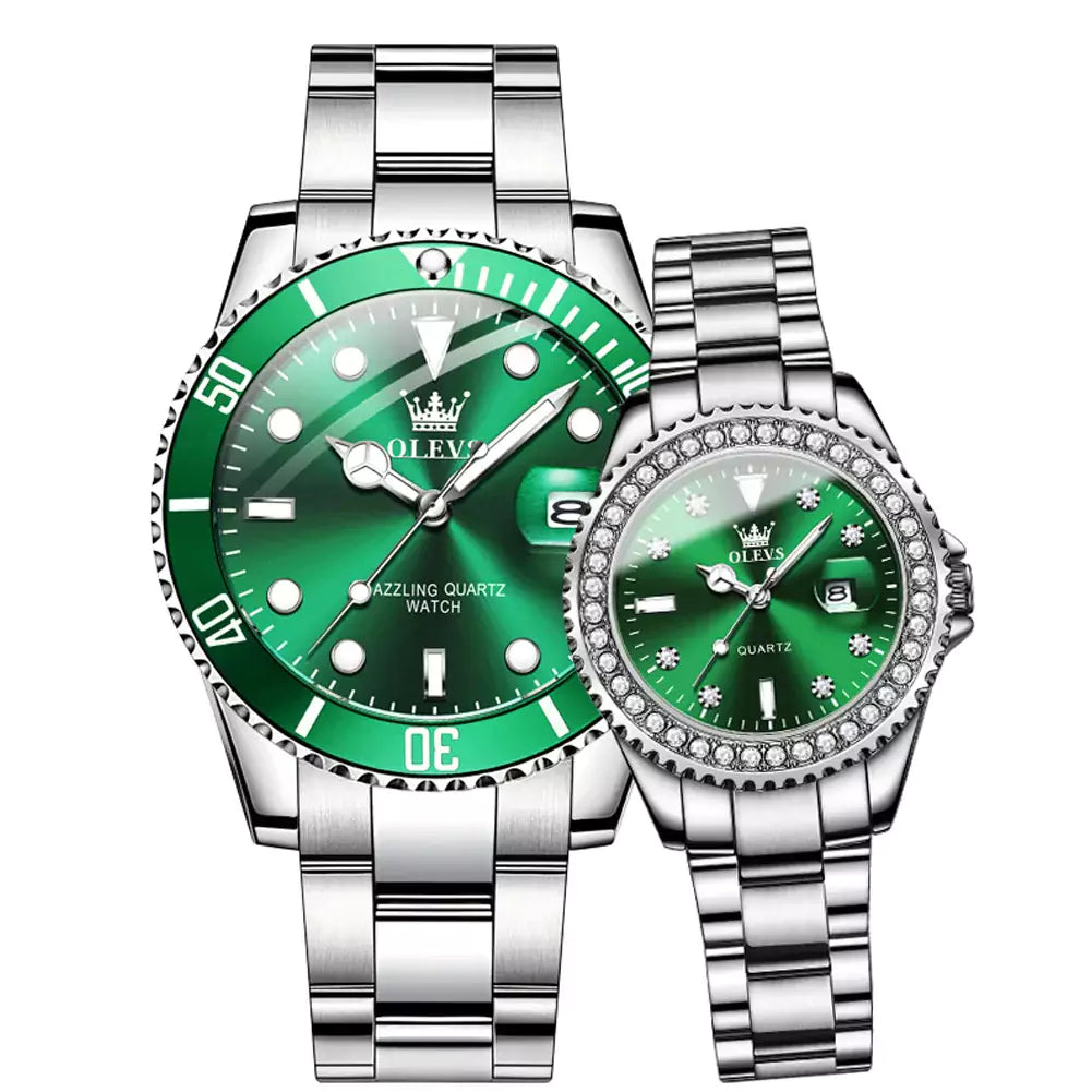 Relógio de Pulso Casal Prata Verde