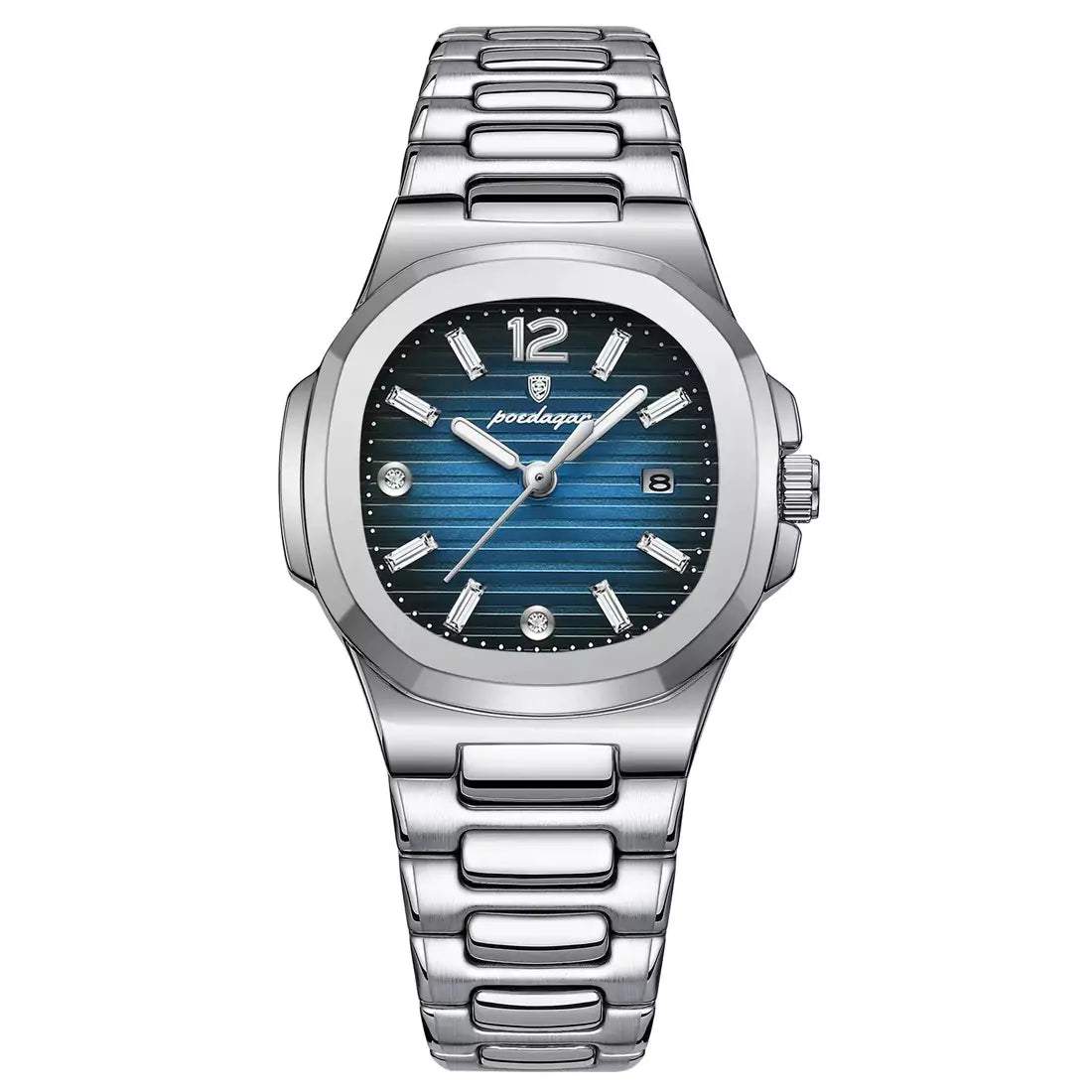 Relógio de Pulso Feminino Poedagar Nautilus Pulseira Prata Com Mostrador Azul Escuro