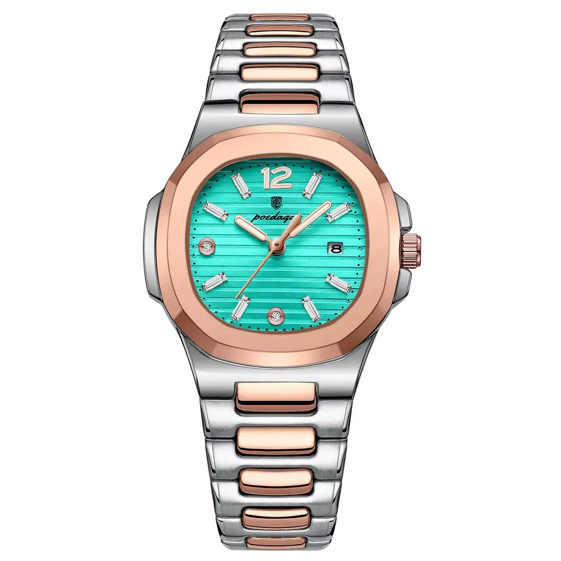 Relógio de Pulso Feminino Poedagar Nautilus Pulseira Prata e Rose Com Mostrador Azul