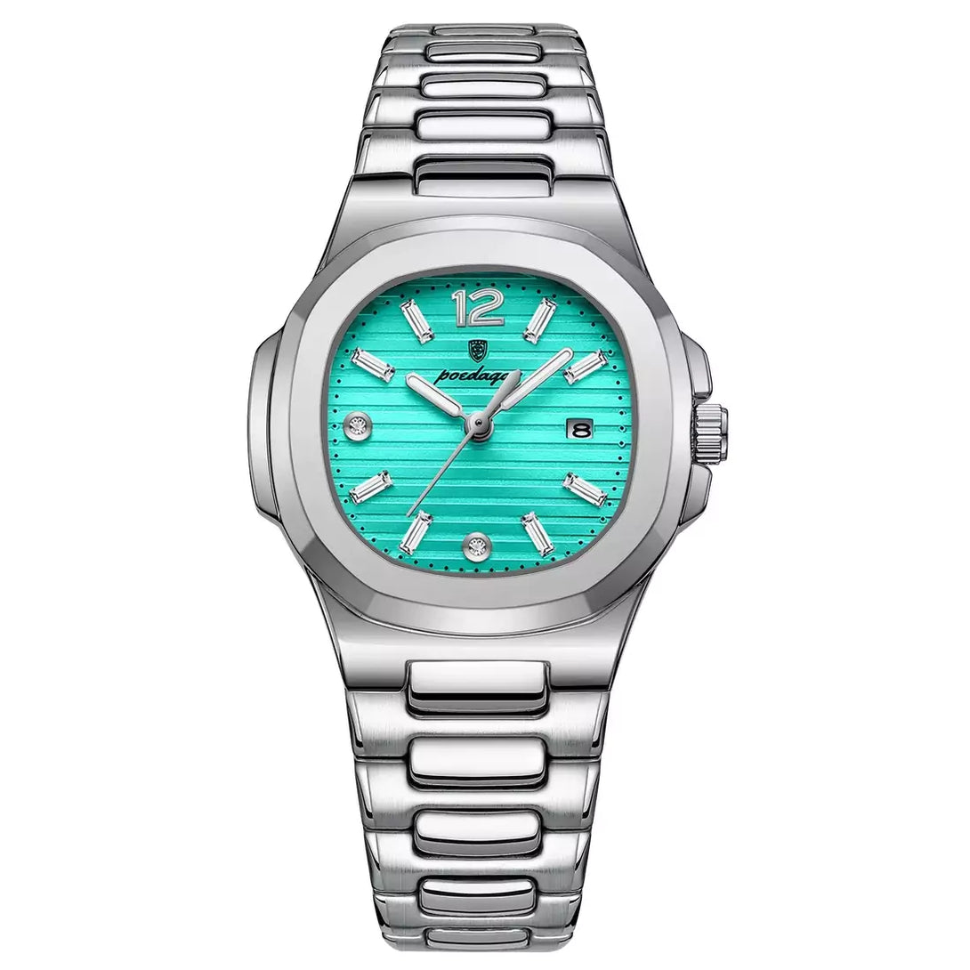 Relógio de Pulso Feminino Poedagar Nautilus Pulseira Prata Com Mostrador Azul