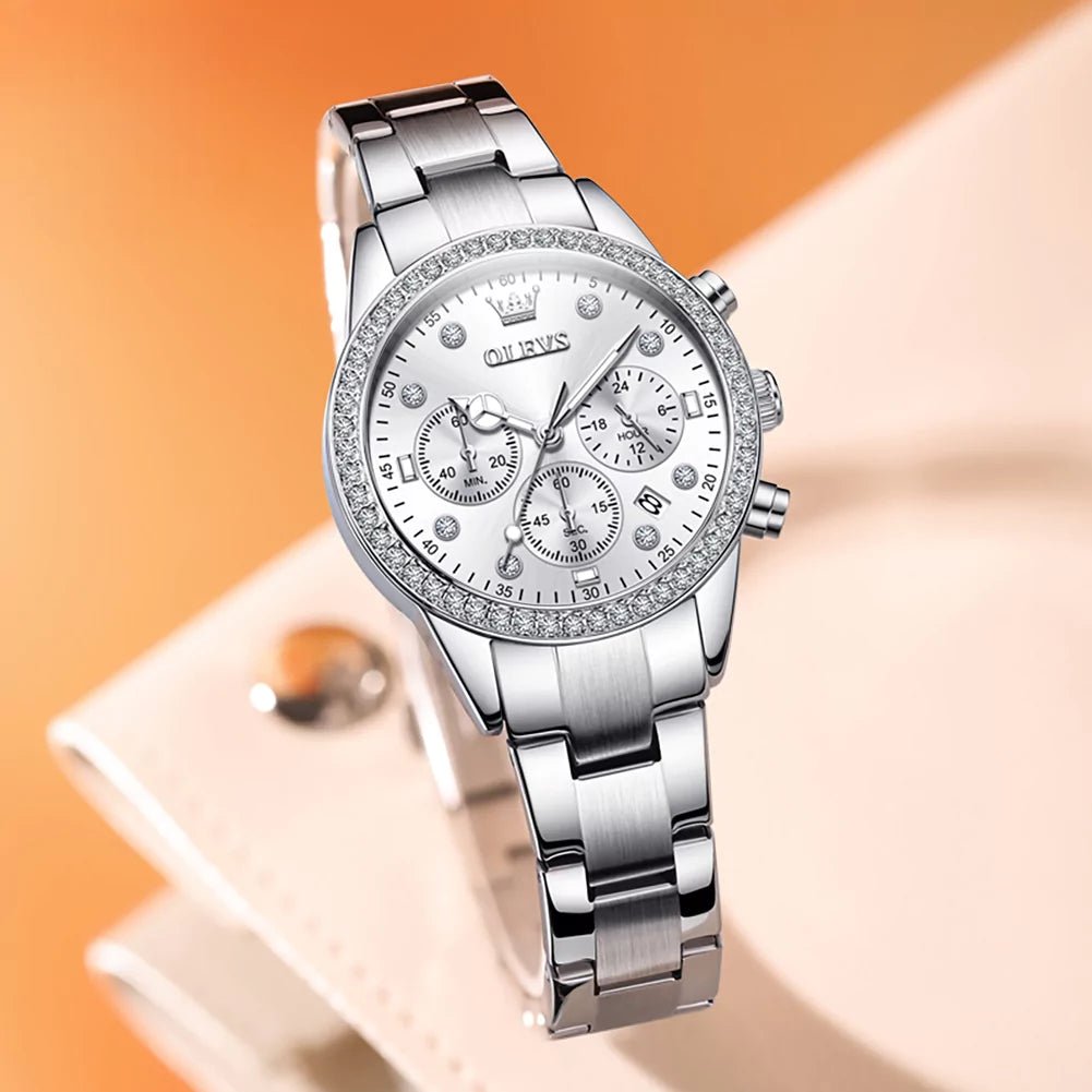 Relógio Feminino Olevs Quartzo Cronógrafo Prata