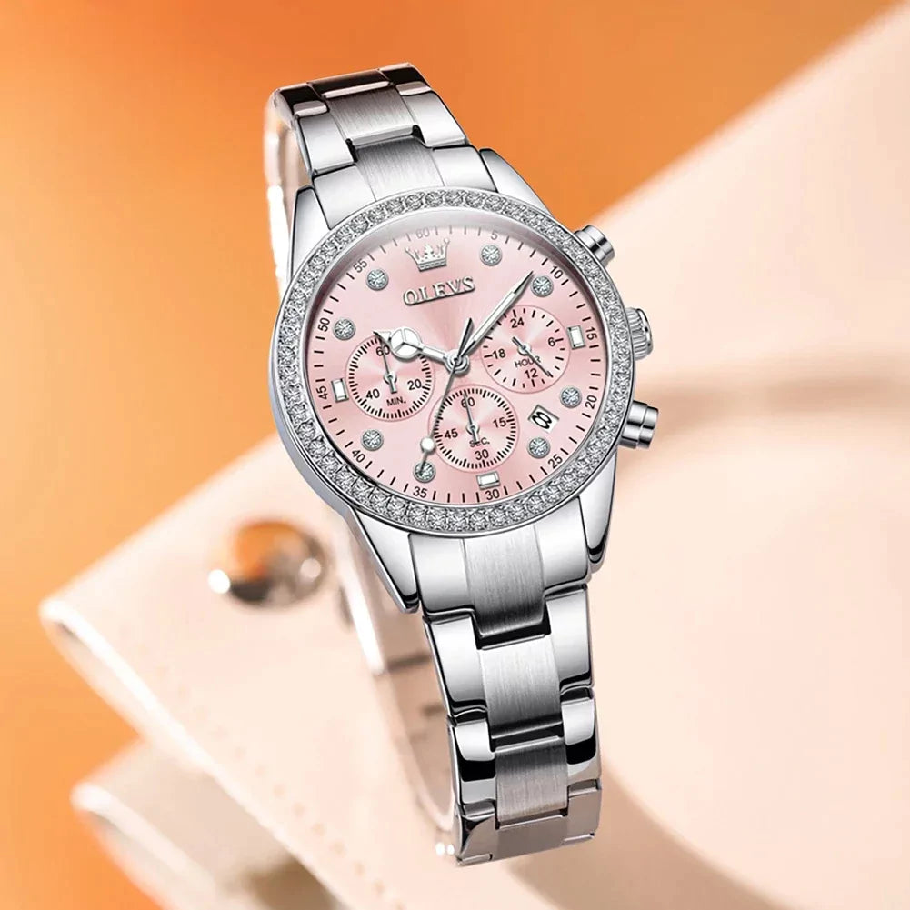 Relógio Feminino Olevs Quartzo Cronógrafo Rosa